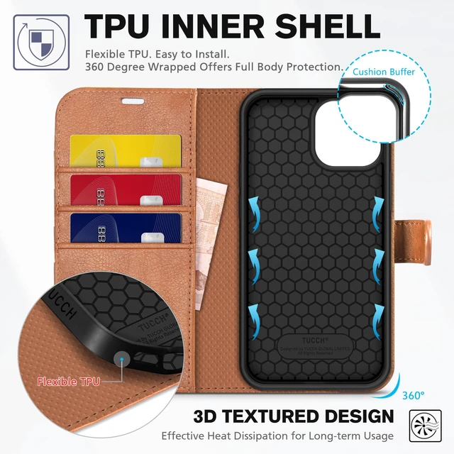 Alt view image 4 of 7 - Wallet Case for iPhone 13 (6.1") 2021, 3 Card Slots, Light Brown | RFID Blocking, Viewing Stand, Shockproof TPU Shell, PU Leather, Magnetic Closure, Protective Folio Flip Cover