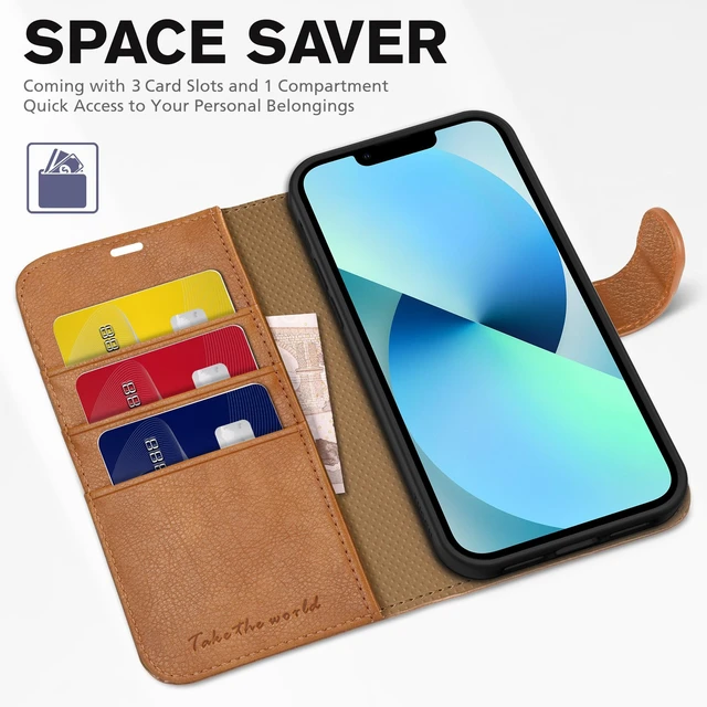 Alt view image 7 of 7 - Wallet Case for iPhone 13 (6.1") 2021, 3 Card Slots, Light Brown | RFID Blocking, Viewing Stand, Shockproof TPU Shell, PU Leather, Magnetic Closure, Protective Folio Flip Cover