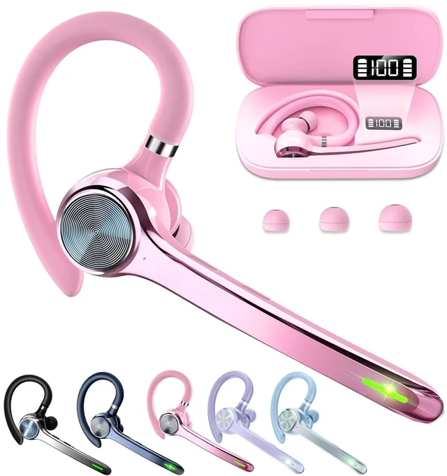 Main image of Bluetooth Headset, Wireless Earpiece with Mic for Work | 2H Playtime, 500mAh Charging Case, Hands-Free Calling with Mute Button for Work, Trucker, Office, Driving, iPhone, Pure Pink