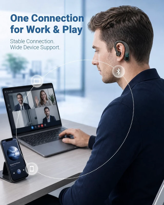 Alt view image 2 of 7 - Bluetooth Earpiece Hands Free Blue Tooth Headset with Noise Canceling Mic Ear Piece One Single Ear Bluetooth Earbud Wireless Office Cell Phone Trucker Headsets for Work