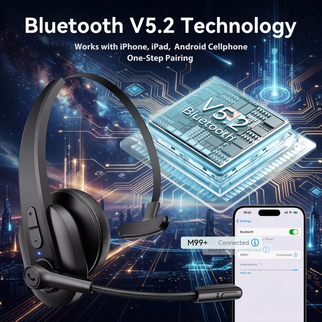 Alt view image 6 of 7 - Bluetooth Headset, Wireless Headset with USB Dongle for Computer, Single-Ear Wireless Headset with Mute Button Noise Cancelling Microphone