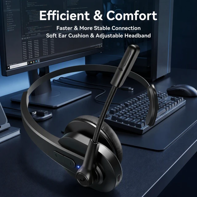 Alt view image 2 of 7 - Bluetooth Headset, Wireless Headset with USB Dongle for Computer, Single-Ear Wireless Headset with Mute Button Noise Cancelling Microphone