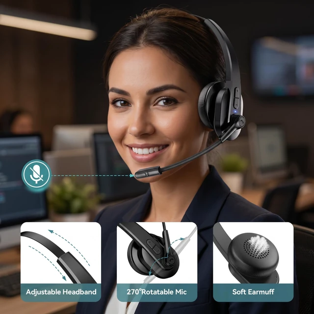 Alt view image 7 of 7 - Bluetooth Headset, Wireless Headset with USB Dongle for Computer, Single-Ear Wireless Headset with Mute Button Noise Cancelling Microphone