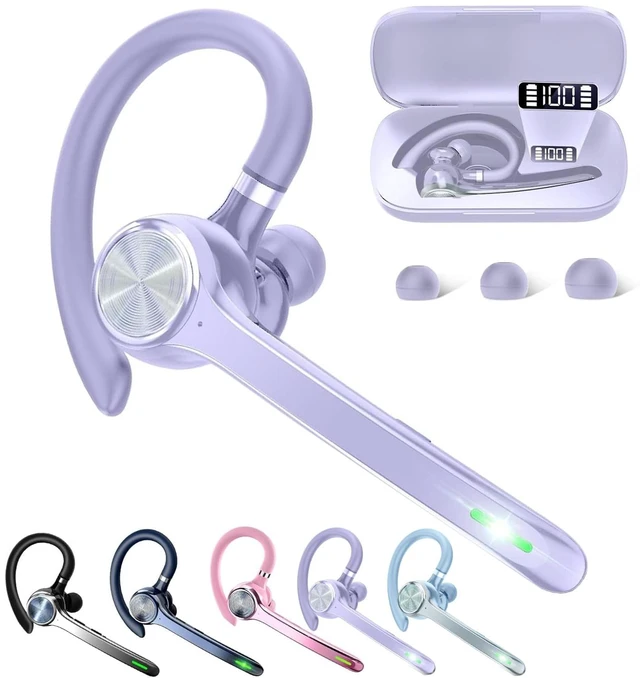 Main image of Bluetooth Headset, Wireless Earpiece with Mic for Work | 72H Playtime, 500mAh Charging Case, Hands-Free Calling with Mute Button for Work, Trucker, Office, Driving, Glossy purple