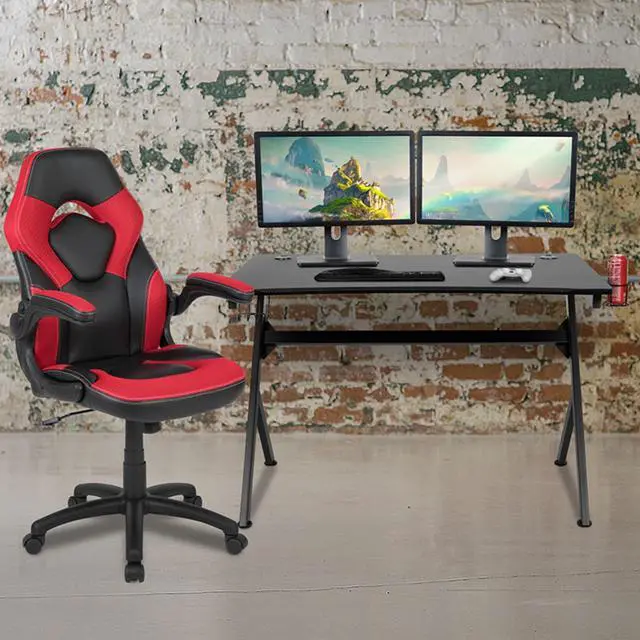Alt view image 2 of 20 - Flash Furniture Rectangle Gaming Desk and Racing Chair Set with Cup Holder, Headphone Hook, 2 Wire Management Holes and Built-in Lumbar Support - Red/Black