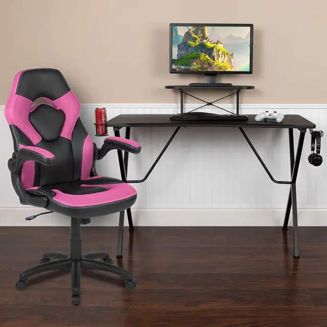 Alt view image 2 of 20 - Flash Furniture Contemporary Rectangle Gaming Desk and Racing Chair Set with Cup Holder, Headphone Hook and Monitor/Smartphone Stand - Pink/Black