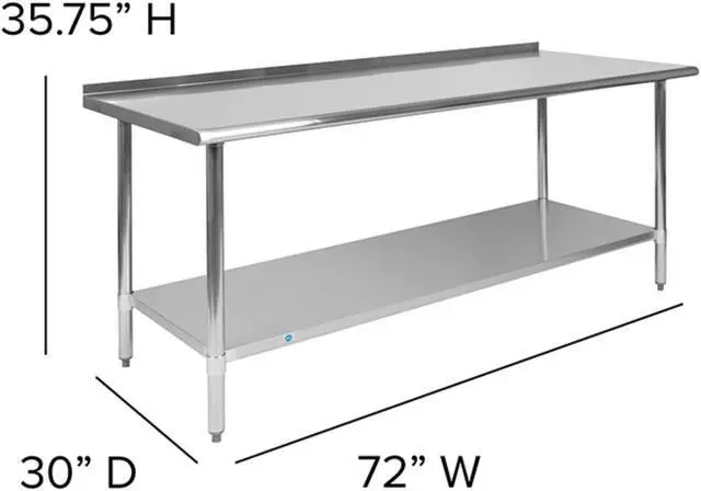 Alt view image 5 of 12 - Stainless Steel 18 Gauge Prep and Work Table with 1.5" Backsplash and Undershelf - NSF Certified - 72"W x 30"D x 36"H