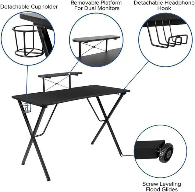 Alt view image 5 of 20 - Flash Furniture Contemporary Rectangle Gaming Desk and Racing Chair Set with Cup Holder, Headphone Hook and Monitor/Smartphone Stand - Pink/Black
