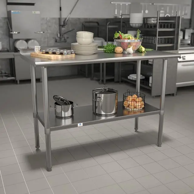 Alt view image 2 of 12 - Stainless Steel 18 Gauge Prep and Work Table with 1.5" Backsplash and Undershelf - NSF Certified - 48"W x 24"D x 36"H