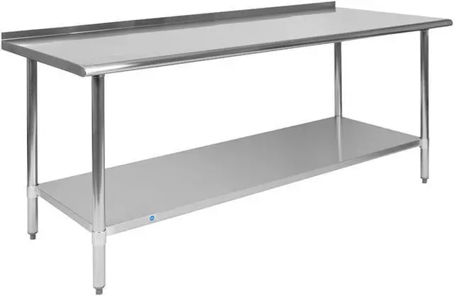 Alt view image 2 of 12 - Stainless Steel 18 Gauge Prep and Work Table with 1.5" Backsplash and Undershelf - NSF Certified - 72"W x 30"D x 36"H
