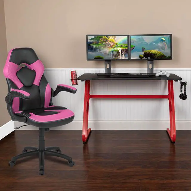 Alt view image 2 of 20 - Flash Furniture Contemporary Rectangle Red Gaming Desk and Pink/Black Racing Chair Set with Cup Holder, Headphone Hook and Built-in Lumbar Support