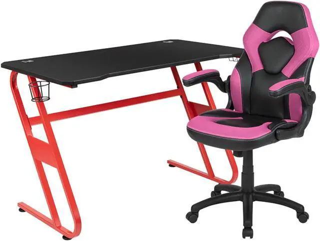 Main image of Flash Furniture Contemporary Rectangle Red Gaming Desk and Pink/Black Racing Chair Set with Cup Holder, Headphone Hook and Built-in Lumbar Support