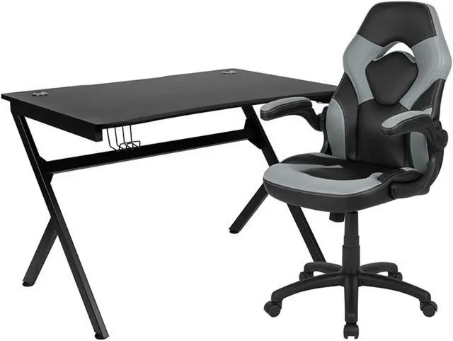 Main image of Flash Furniture Rectangle Gaming Desk and Racing Chair Set with Detachable Cup Holder, Headphone Hook, 2 Wire Management Holes and Built-in Lumbar Support - Gray/Black