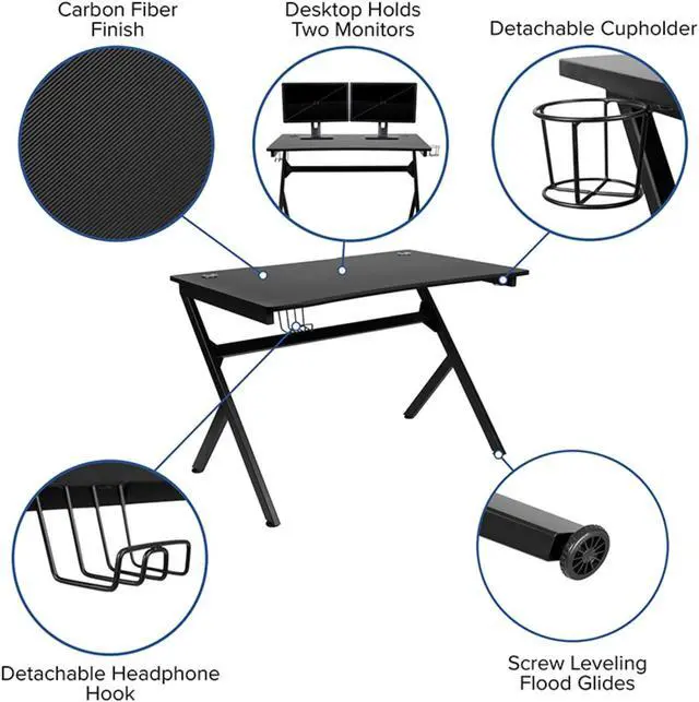 Alt view image 4 of 20 - Flash Furniture Rectangle Gaming Desk and Racing Chair Set with Detachable Cup Holder, Headphone Hook, 2 Wire Management Holes and Built-in Lumbar Support - Gray/Black