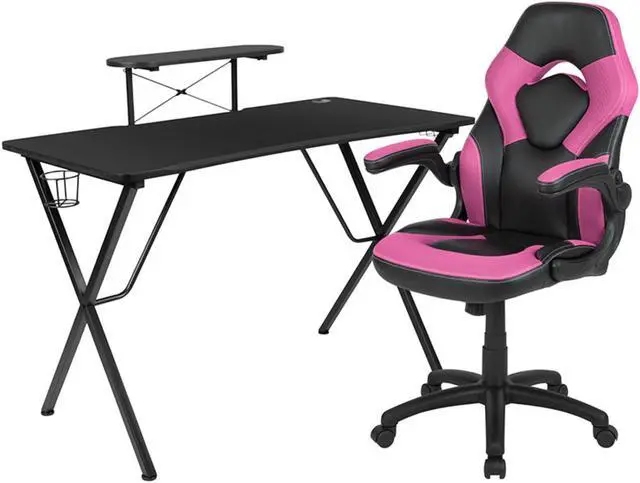 Main image of Flash Furniture Contemporary Rectangle Gaming Desk and Racing Chair Set with Cup Holder, Headphone Hook and Monitor/Smartphone Stand - Pink/Black