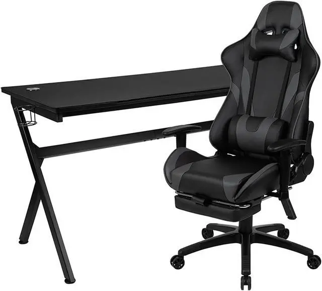 Alt view image 13 of 20 - Gaming Desk and Gray Footrest Reclining Gaming Chair Set - Cup Holder/Headphone Hook/Removable Mouse Pad Top/Wire Management