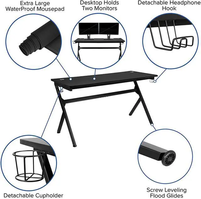Alt view image 17 of 20 - Gaming Desk and Gray Footrest Reclining Gaming Chair Set - Cup Holder/Headphone Hook/Removable Mouse Pad Top/Wire Management
