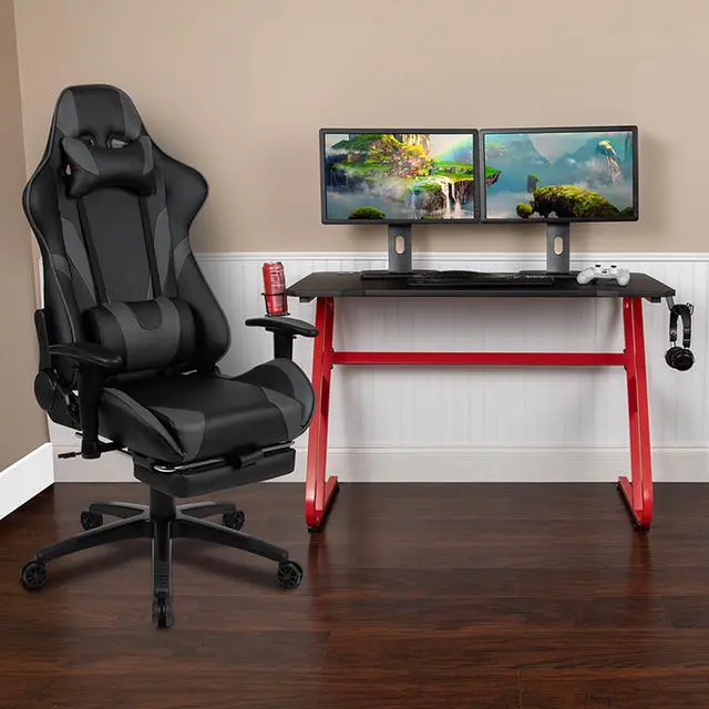 Alt view image 14 of 20 - Red Gaming Desk with Cup Holder/Headphone Hook & Gray Reclining Gaming Chair with Footrest