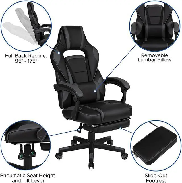 Alt view image 11 of 20 - Black Gaming Desk with Cup Holder/Headphone Hook/Monitor Stand & Black Reclining Back/Arms Gaming Chair with Footrest