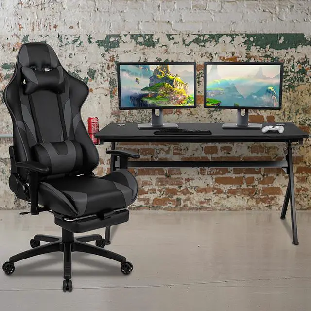 Alt view image 14 of 20 - Gaming Desk and Gray Footrest Reclining Gaming Chair Set - Cup Holder/Headphone Hook/Removable Mouse Pad Top/Wire Management