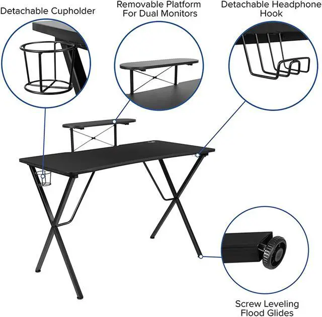Alt view image 12 of 20 - Black Gaming Desk with Cup Holder/Headphone Hook/Monitor Stand & Black Reclining Back/Arms Gaming Chair with Footrest
