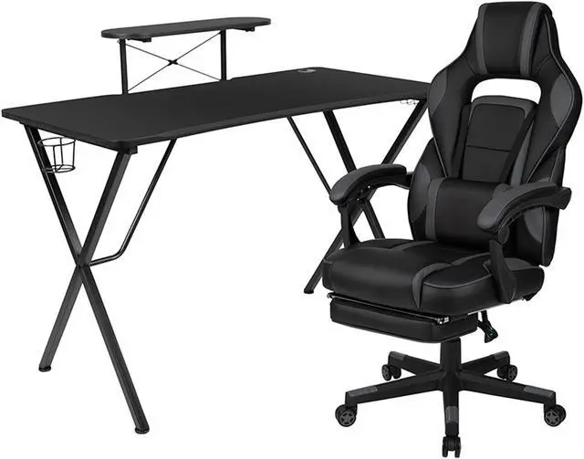 Alt view image 8 of 20 - Black Gaming Desk with Cup Holder/Headphone Hook/Monitor Stand & Black Reclining Back/Arms Gaming Chair with Footrest