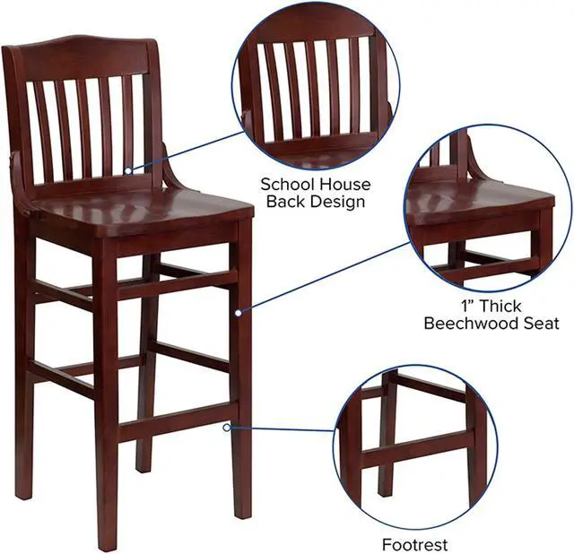 Alt view image 14 of 20 - HERCULES Series School House Back Mahogany Wood Restaurant Barstool