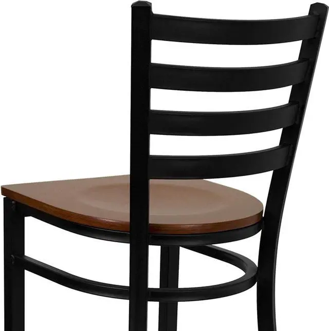 Alt view image 18 of 20 - HERCULES Series Black Ladder Back Metal Restaurant Barstool - Cherry Wood Seat