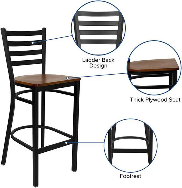 Alt view image 16 of 20 - HERCULES Series Black Ladder Back Metal Restaurant Barstool - Cherry Wood Seat