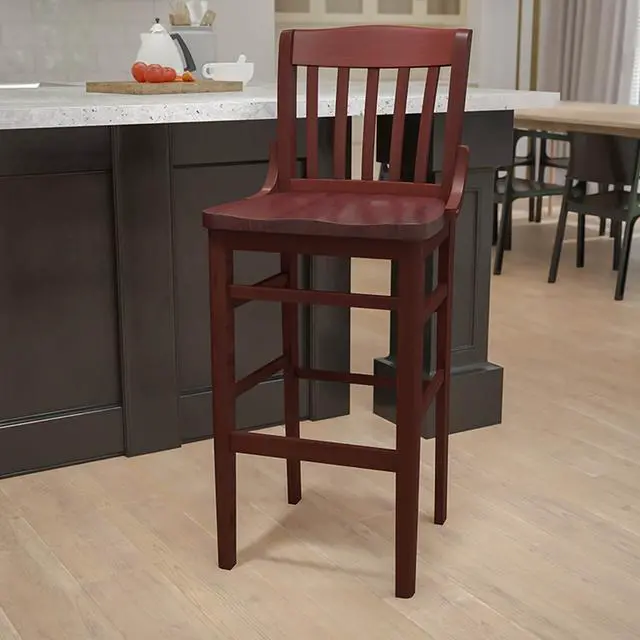 Alt view image 11 of 20 - HERCULES Series School House Back Mahogany Wood Restaurant Barstool