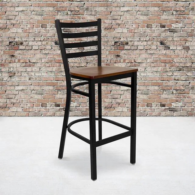 Alt view image 14 of 20 - HERCULES Series Black Ladder Back Metal Restaurant Barstool - Cherry Wood Seat