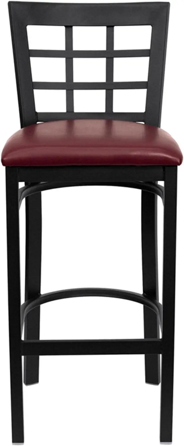 Alt view image 13 of 15 - HERCULES Series Black Window Back Metal Restaurant Barstool - Burgundy Vinyl Seat