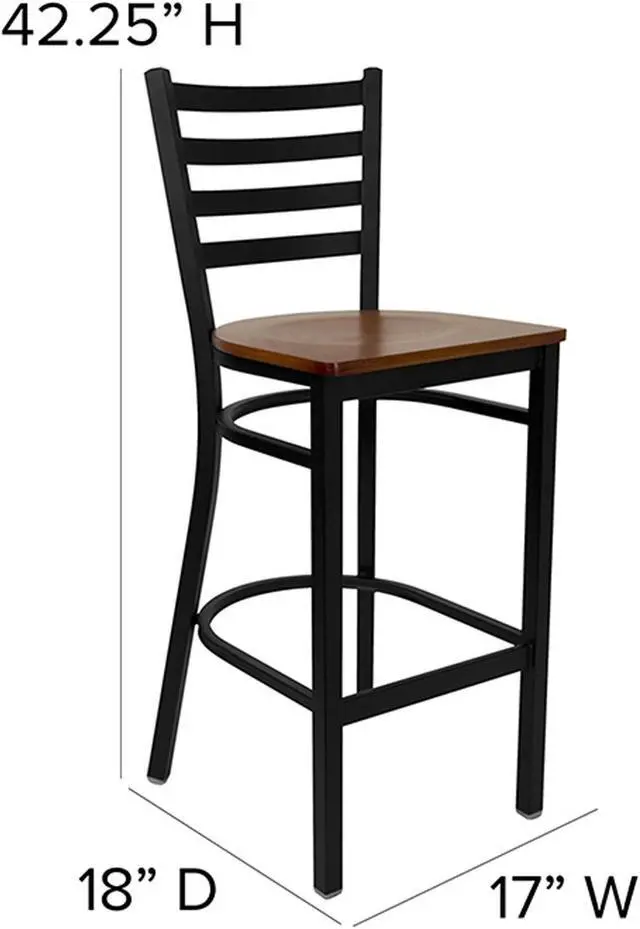 Alt view image 17 of 20 - HERCULES Series Black Ladder Back Metal Restaurant Barstool - Cherry Wood Seat