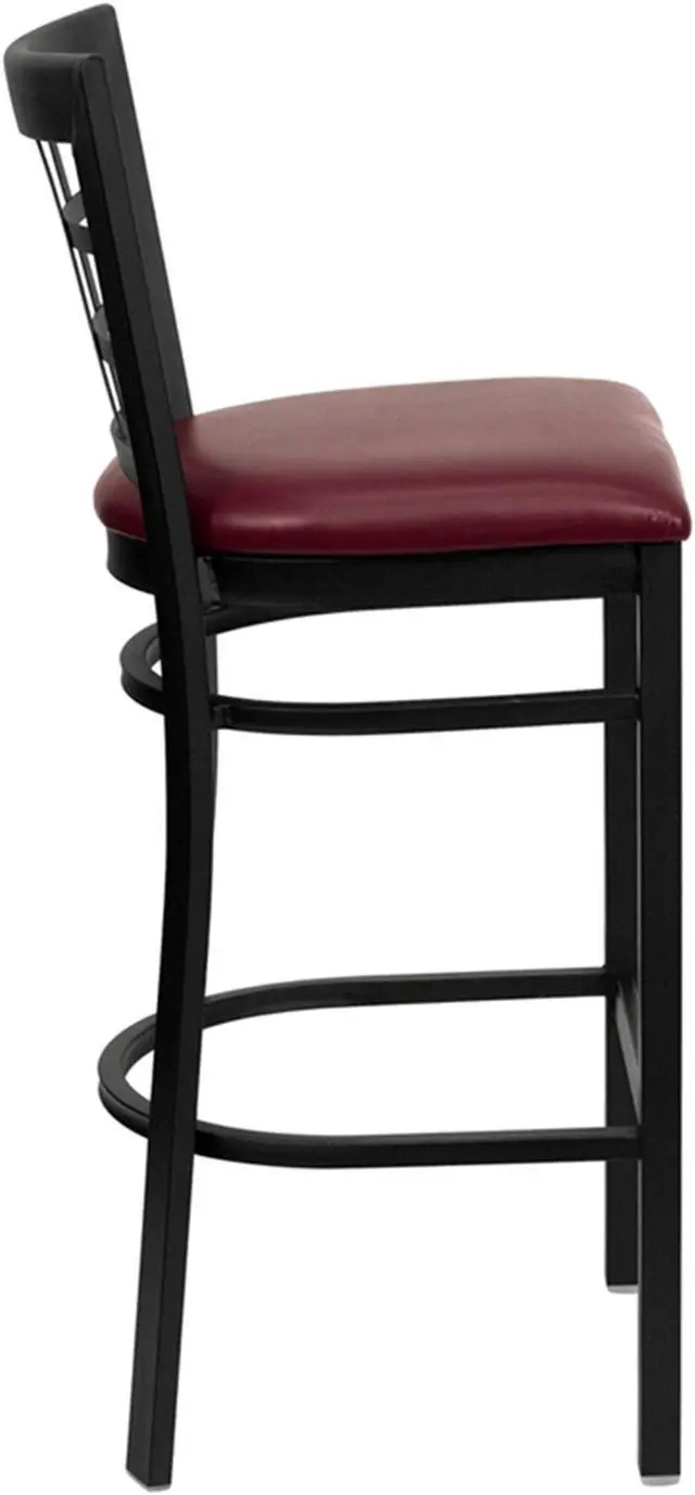 Alt view image 12 of 15 - HERCULES Series Black Window Back Metal Restaurant Barstool - Burgundy Vinyl Seat