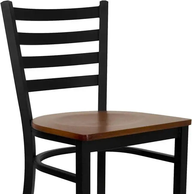 Alt view image 19 of 20 - HERCULES Series Black Ladder Back Metal Restaurant Barstool - Cherry Wood Seat