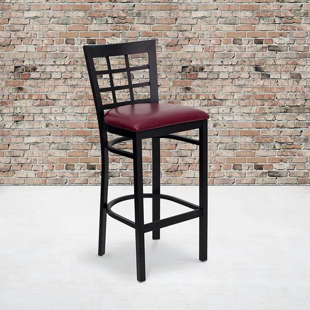 Alt view image 10 of 15 - HERCULES Series Black Window Back Metal Restaurant Barstool - Burgundy Vinyl Seat