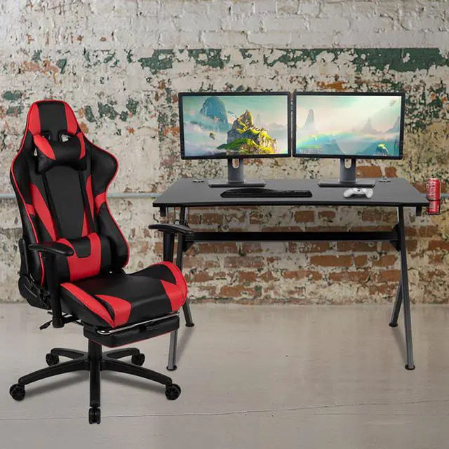 Alt view image 2 of 20 - Flash Furniture Rectangle Gaming Desk and Footrest Reclining Chair Set with Detachable Cup Holder, Headphone Hook, 2 Wire Management Holes - Red/Black