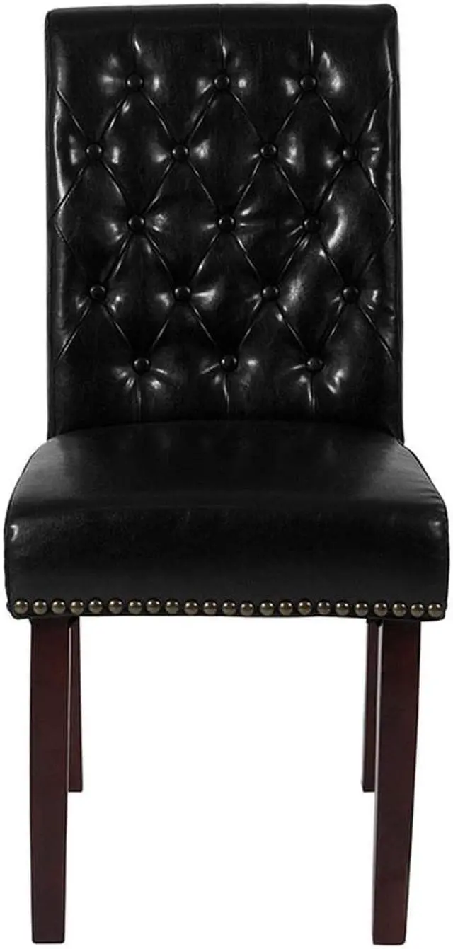 Alt view image 9 of 20 - HERCULES Series Black Leather Parsons Chair with Rolled Back, Accent Nail Trim and Walnut Finish
