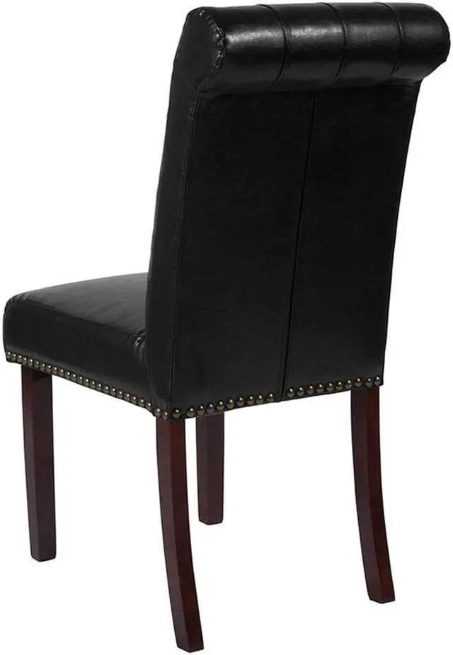 Alt view image 8 of 20 - HERCULES Series Black Leather Parsons Chair with Rolled Back, Accent Nail Trim and Walnut Finish