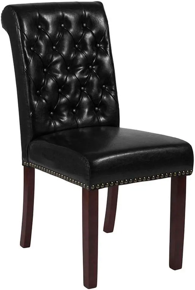 Alt view image 6 of 20 - HERCULES Series Black Leather Parsons Chair with Rolled Back, Accent Nail Trim and Walnut Finish