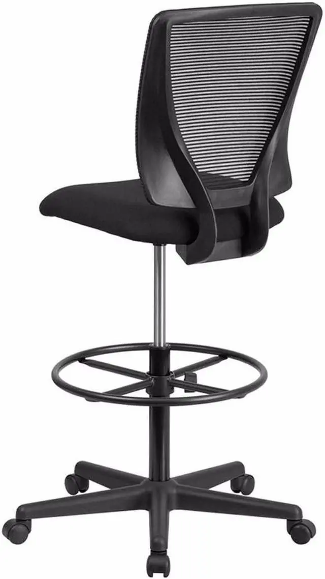 Alt view image 15 of 20 - Ergonomic Mid-Back Mesh Drafting Chair with Black Fabric Seat and Adjustable Foot Ring