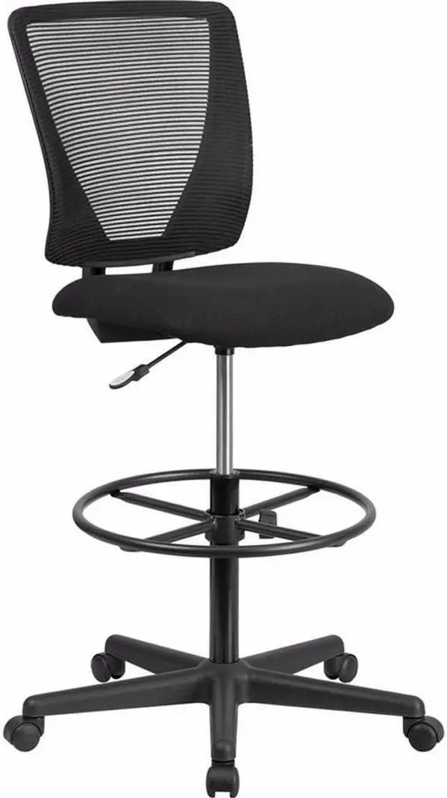 Alt view image 13 of 20 - Ergonomic Mid-Back Mesh Drafting Chair with Black Fabric Seat and Adjustable Foot Ring