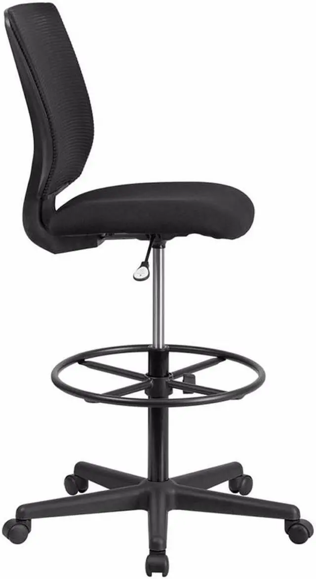 Alt view image 14 of 20 - Ergonomic Mid-Back Mesh Drafting Chair with Black Fabric Seat and Adjustable Foot Ring