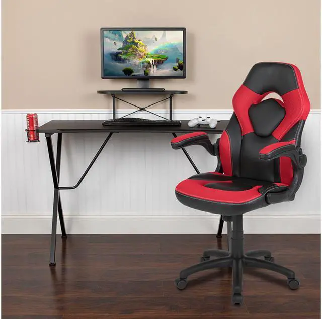 Alt view image 15 of 20 - Black Gaming Desk and Red/Black Racing Chair Set with Cup Holder, Headphone Hook, and Monitor/Smartphone Stand