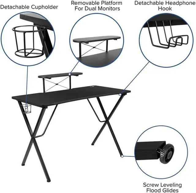 Alt view image 17 of 20 - Black Gaming Desk and Black Reclining Gaming Chair Set with Cup Holder, Headphone Hook, and Monitor/Smartphone Stand