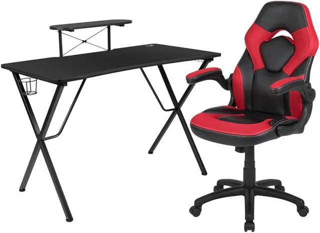 Alt view image 14 of 20 - Black Gaming Desk and Red/Black Racing Chair Set with Cup Holder, Headphone Hook, and Monitor/Smartphone Stand