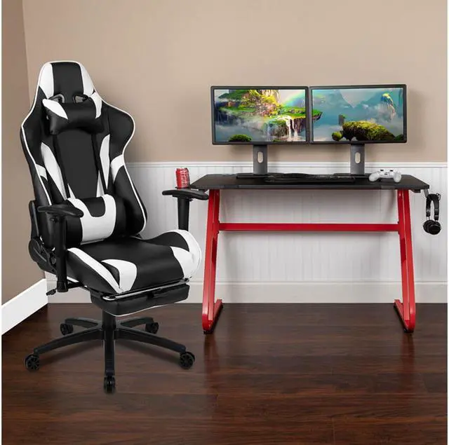 Alt view image 15 of 20 - Red Gaming Desk and Black Footrest Reclining Gaming Chair Set with Cup Holder and Headphone Hook