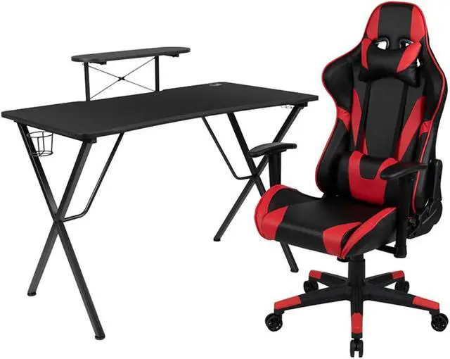 Alt view image 14 of 20 - Black Gaming Desk and Red/Black Reclining Gaming Chair Set with Cup Holder, Headphone Hook, and Monitor/Smartphone Stand