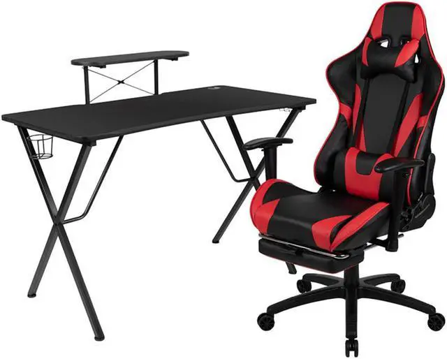 Alt view image 14 of 20 - Black Gaming Desk and Red/Black Footrest Reclining Gaming Chair Set with Cup Holder, Headphone Hook, & Monitor/Smartphone Stand