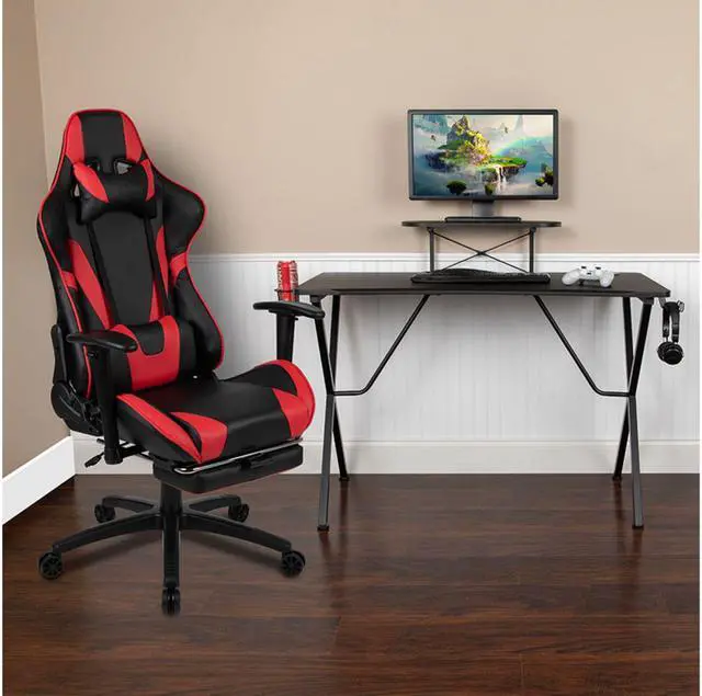 Alt view image 15 of 20 - Black Gaming Desk and Red/Black Footrest Reclining Gaming Chair Set with Cup Holder, Headphone Hook, & Monitor/Smartphone Stand